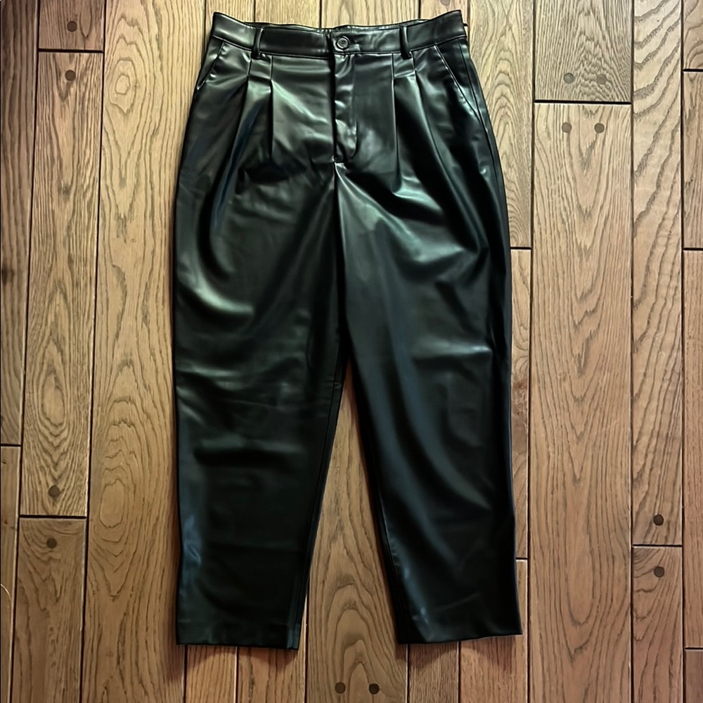 Zara Black Pleated Front Vegan Leather Pants. Size S